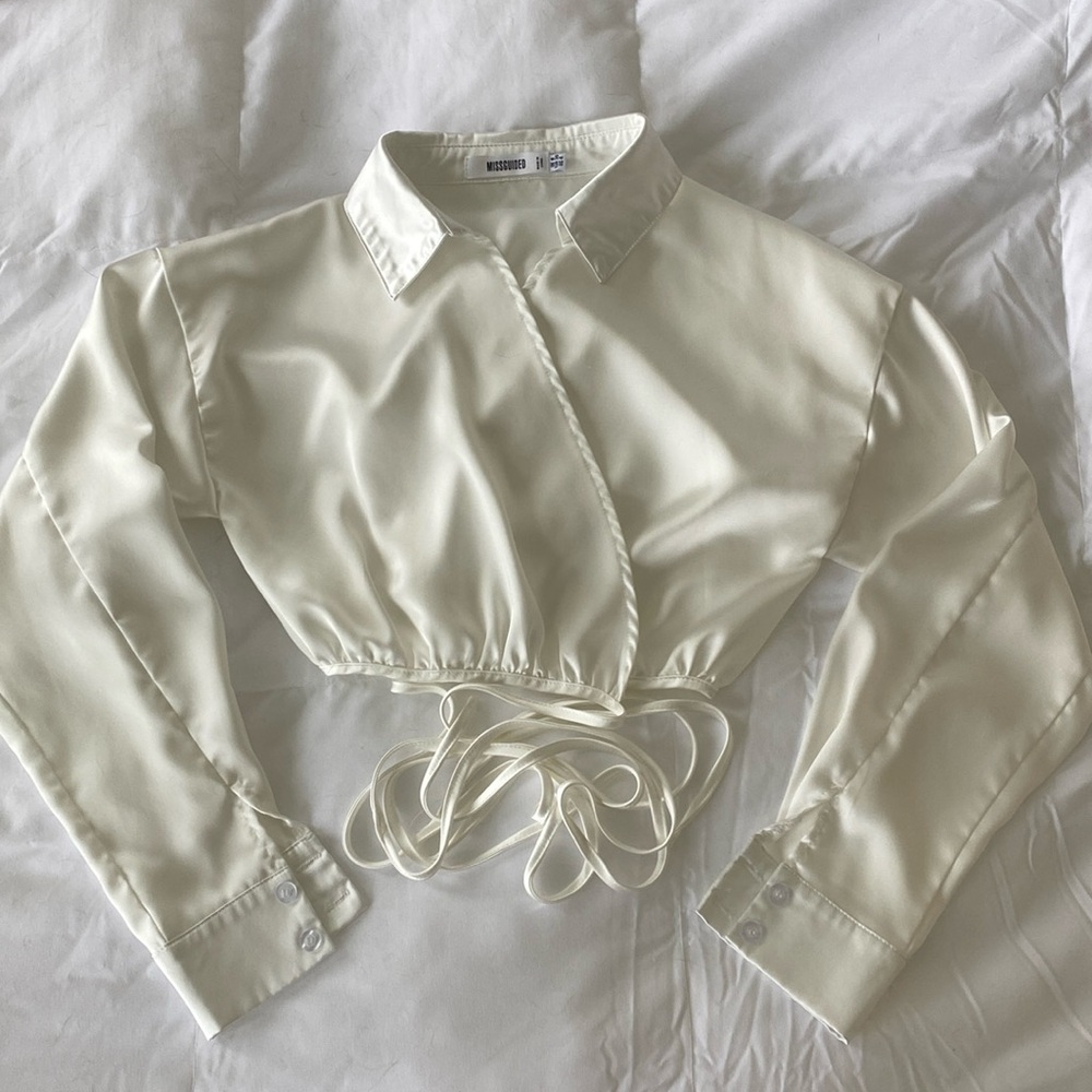 Satin cropped wrap top with collar and long sleeves